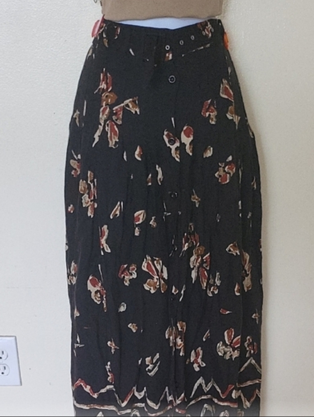 Black Floral Button-Front Maxi Skirt
